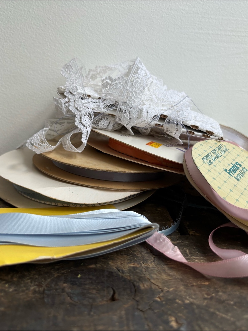 Vintage lot of Mixed Satin Ribbons and White Lace Trim Bundle Destash